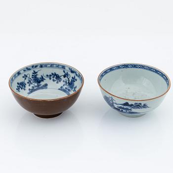 Two blue and white bowls, and a cup with two stands, Qing dynasty, 18th Century.