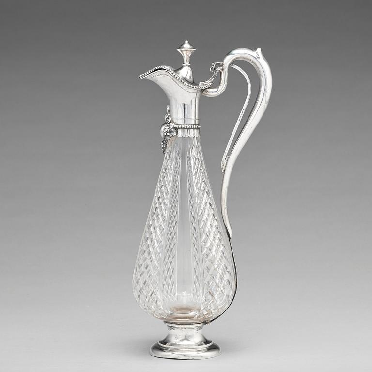 A Swedish 19th century parcel-gilt silver and glass wine-jug, mark of Lars Larsson & Co, Stockholm 1872.