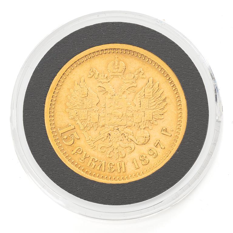 Guldmynt, Ryssland, Nikolaj II, 15 Rubel, 1897.