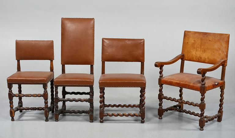 STOLAR 3 st, samt KARMSTOL, barock/barockstil, 1700-tal respektive 1800-tal.