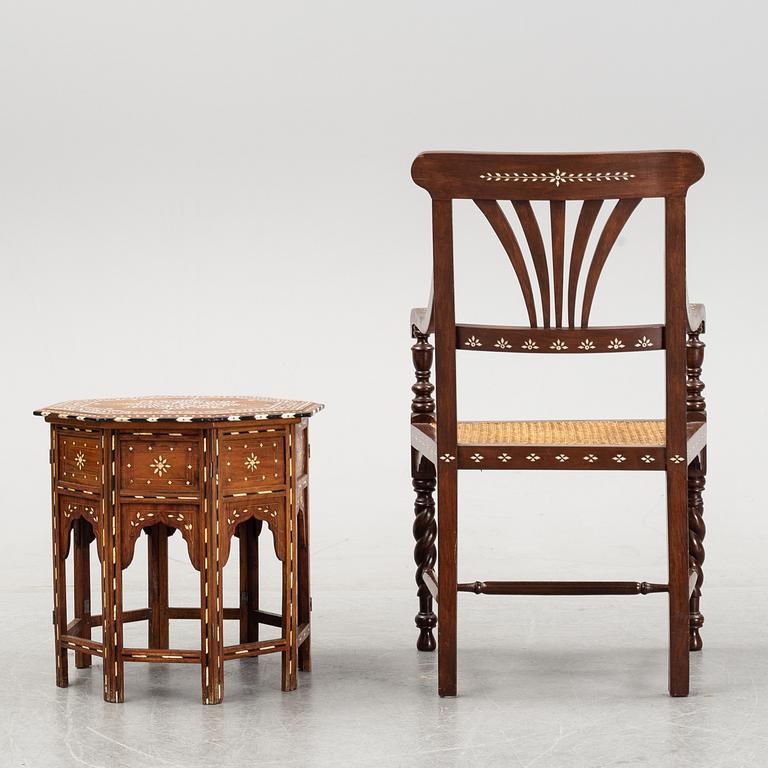 A Middle-Eastern occasional table and armchair, 20th Century.