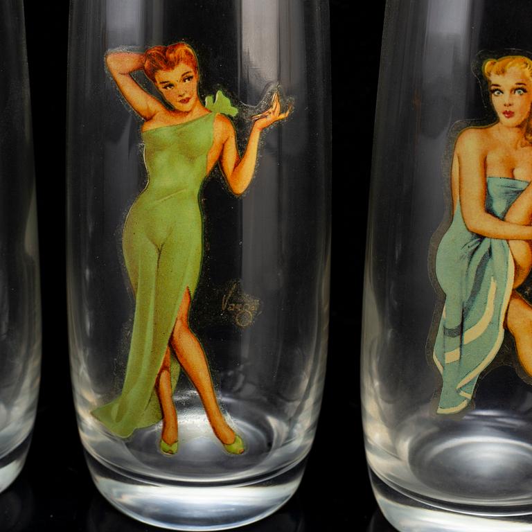 Six second half of the 20th century glasses with pictures of pinup girls.