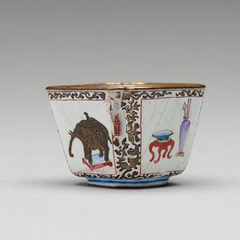 An enamel on copper winecup and stand, Qing dynasty, 18th Century.