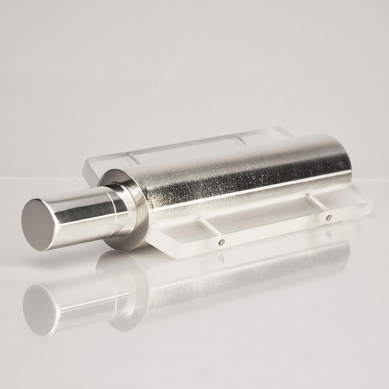 A sterling silver and acrylic bottle with lid, mark of Rolf Lindståhl, Stockholm 2003.