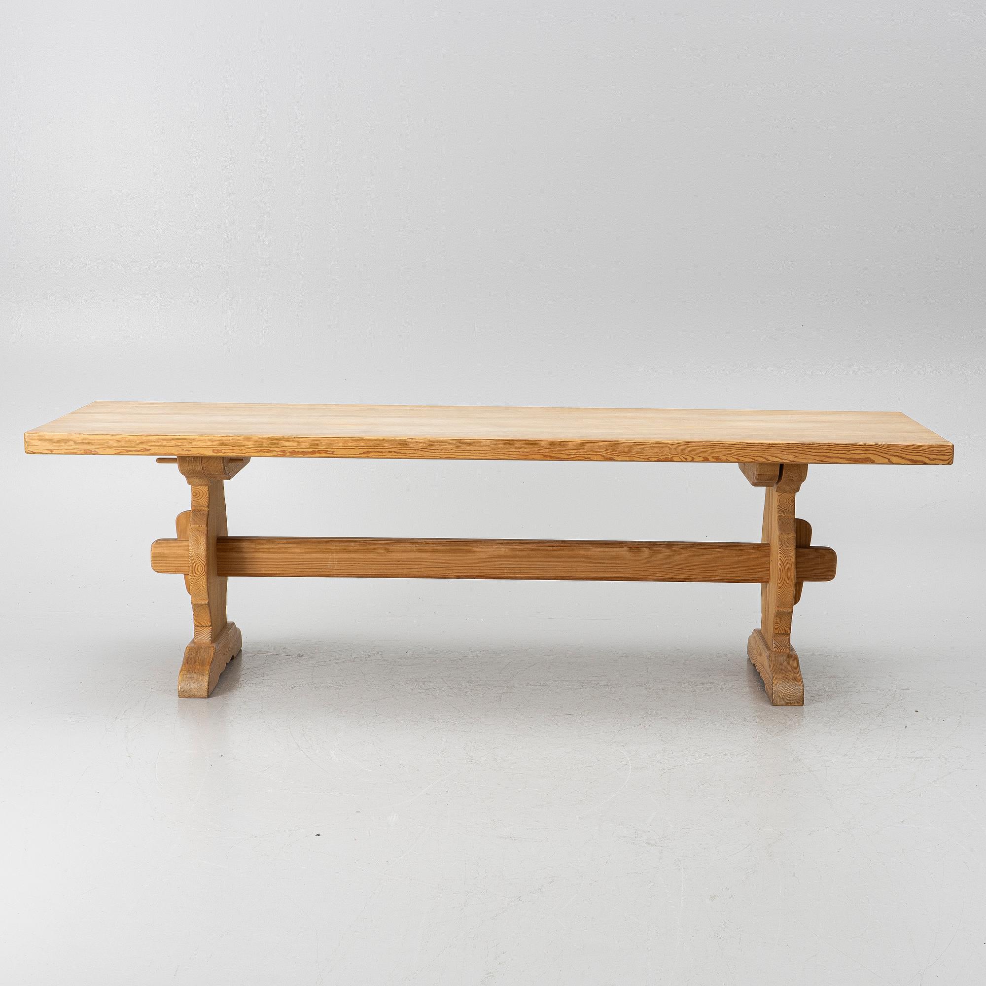 A dining table, trestle table, pine, Krogenes Möbler, Norway, mid-20th century.