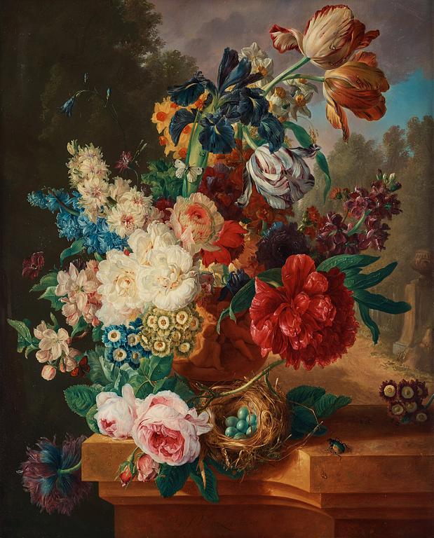 Gerrit Johan van Leeuwen, Still life with an urn with flowers, a birdsnest and insects.