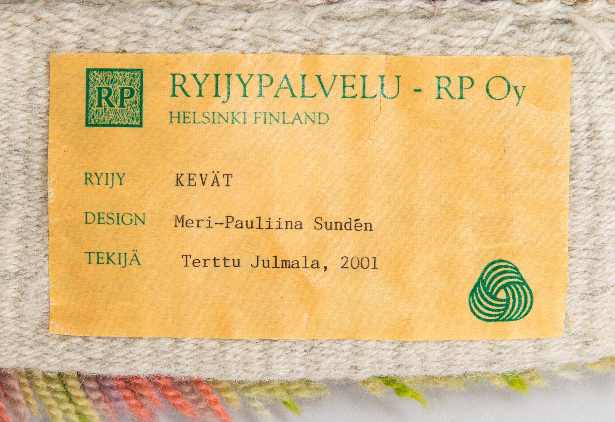 Meri-Pauliina Sundén, ryijy, malli Ryijypalvelu. Noin 124 x 82 cm.
