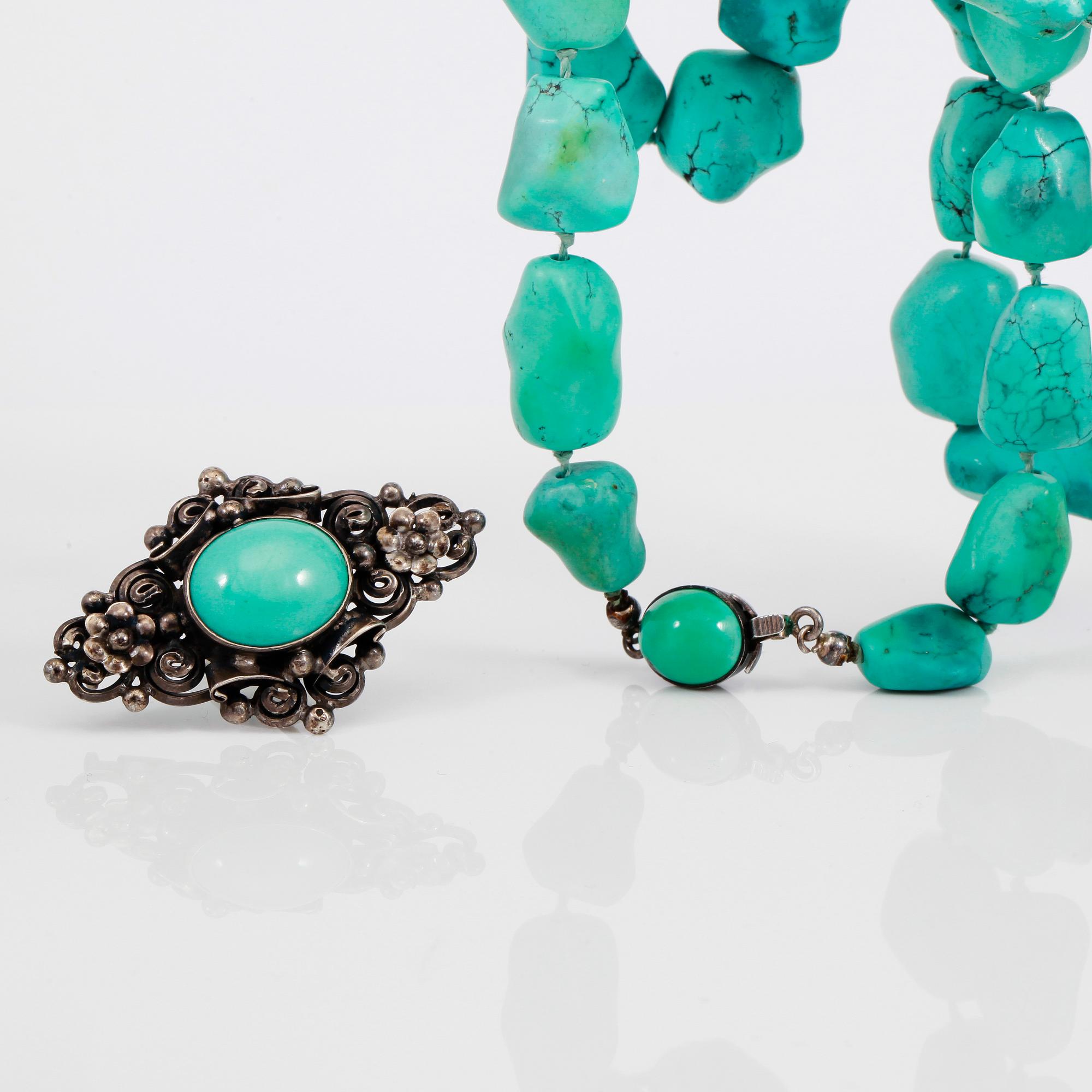 COLLIER och BROSCH, silver och turkoser.