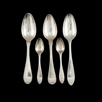 SKEDAR, 5 st, silver, bla Gustaf Folcker, Stockholm, 1800-tal. Vikt 217 g.
