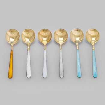 Tillander,a set of six enamel and gilded silver ice-cream spoons, Helsinki 1961.