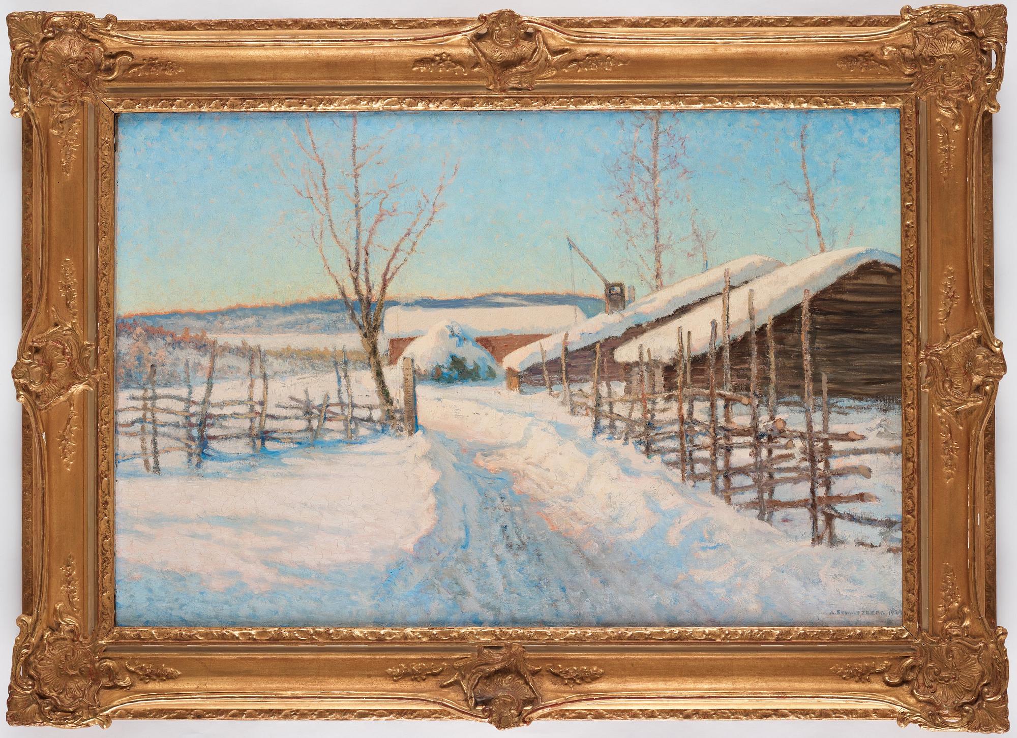 Anshelm Schultzberg, "Vinterdag (motiv från södra Dalarne - Bergslagen)" [Winter landscape from Dalarna in Sweden].