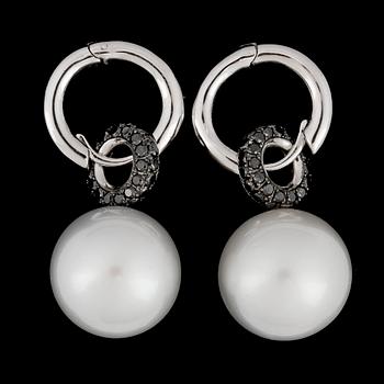 A pair of cultured South sea pearl and black brilliant cut diamond earrings, tot. 0.78 cts.