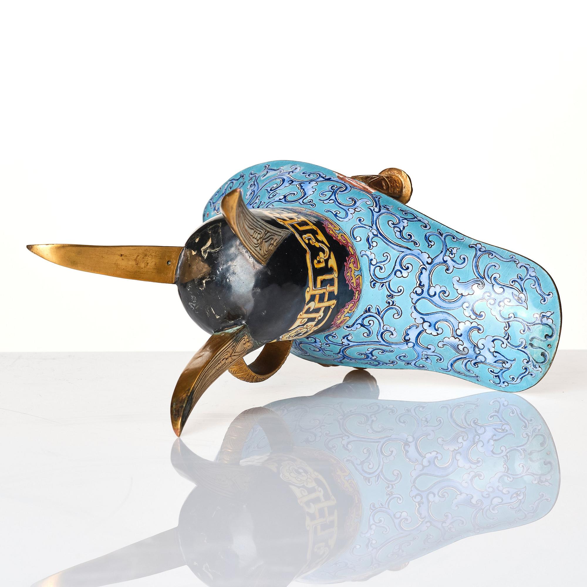 A Canton enamel and gilt bronze tripod ritual wine vessel 'jue', Qing dynasty.