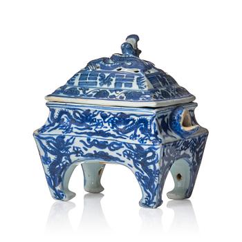 823. A blue and white dragon censer and cover, Ming dynasty, Wanli mark and period (1573-1620).