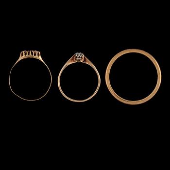 RINGAR, 3 st, 14 respektive 18k guld, delvis John Pettersons eftr, Stockholm, 1948. Total vikt 5 g.