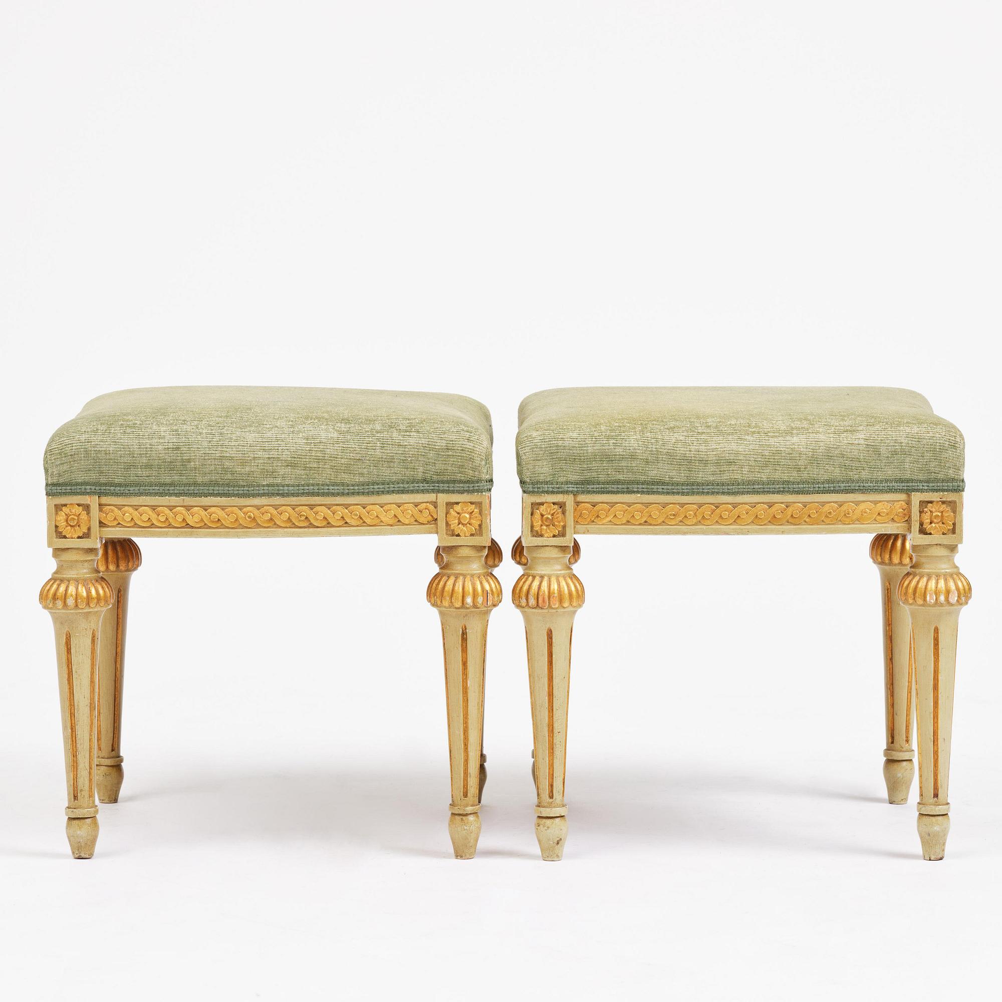 A pair of stools in the manner of Erik Öhrmark (master in Stockholm 1777–1813), Gustavian.