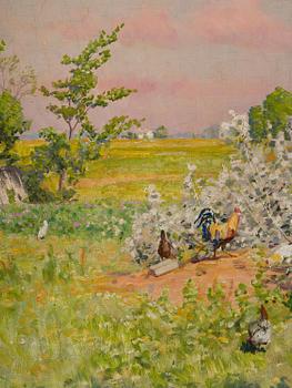 Johan Krouthén, Summer landscape with pecking hens and a wheelbarrow.