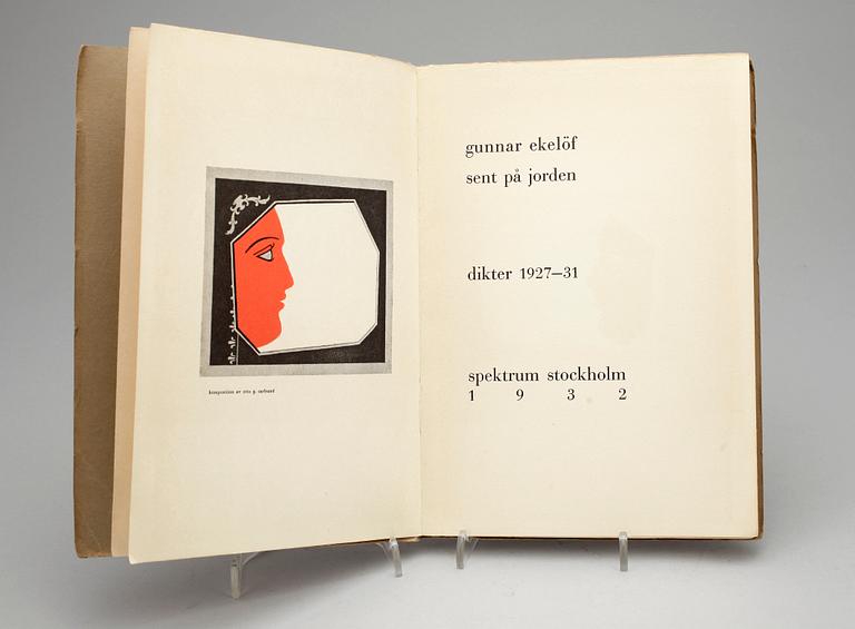 DIKTBOK,"Sent på jorden, dikter 1927-31" av Gunnar Ekelöf, numr IX samt sign av förf för hand, Spektrum, Stockholm 1932.
