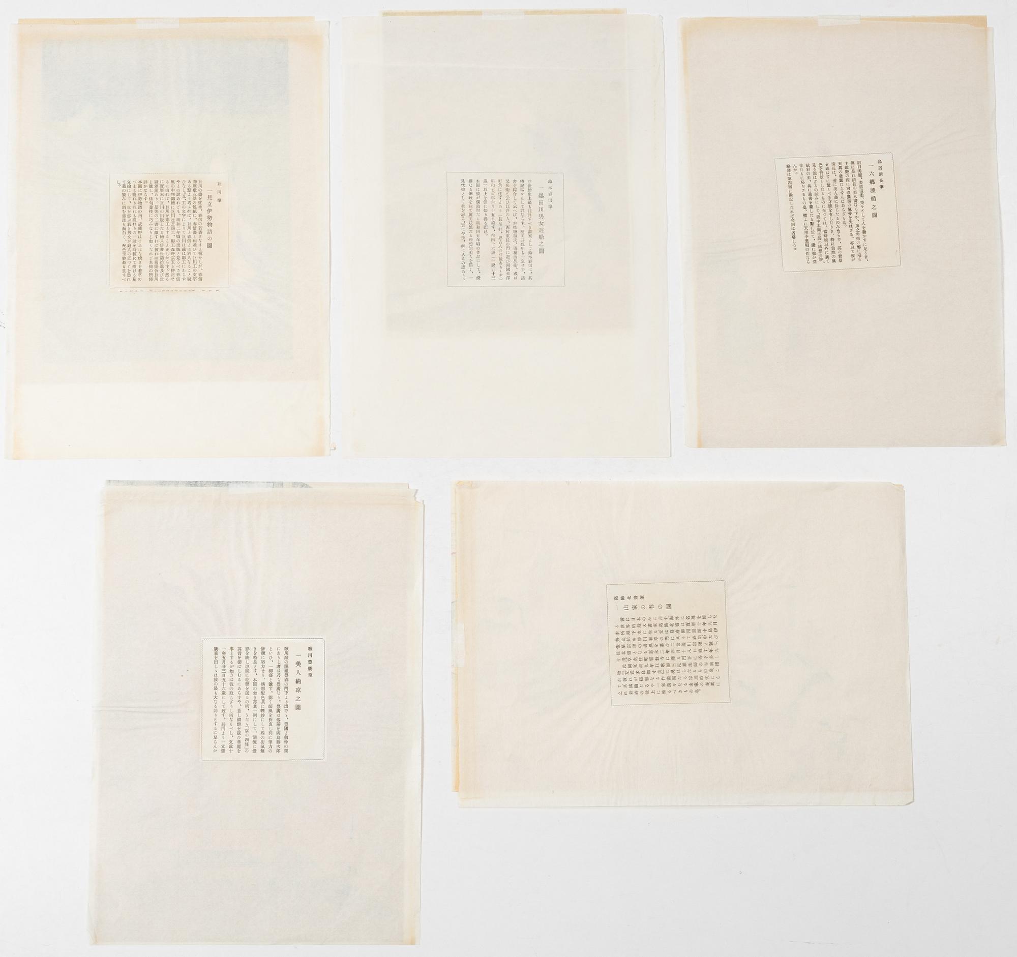 Fem träsnitt ur mapp utgiven av Tokyo Bijutsu Kankokai (Tokyo Art Publishing Association", tidigt 1900-tal.