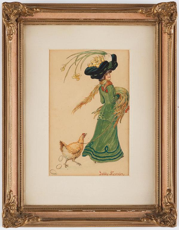 Jenny Nyström, Easter scene with elegant lady in green dress.