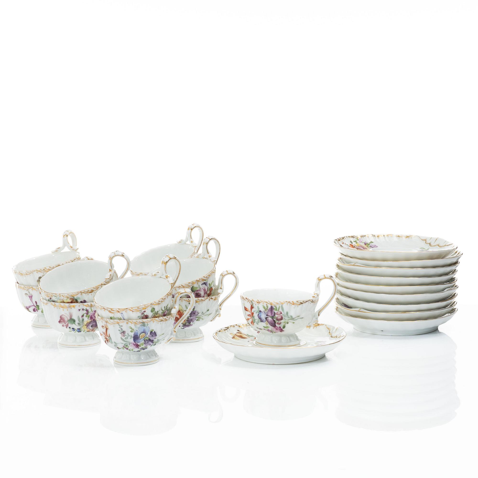 A set of ten porcelain coffee cups with saucers, Meissen-like mark, first half of the 20th Century.