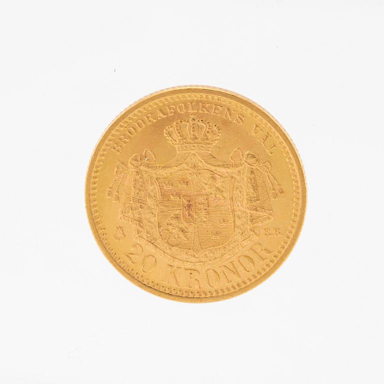 Gold coin 20kr Oscar II, Sweden and Norway 1902.