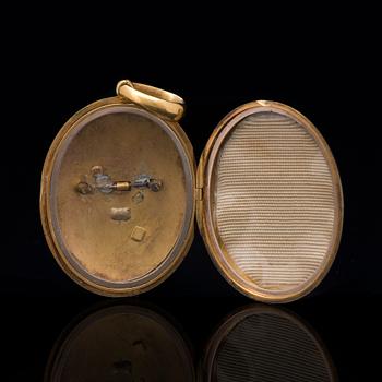 MEDALJONG, 18K guld, pärlor, emalj. Troligtvis England, 1800-tal.