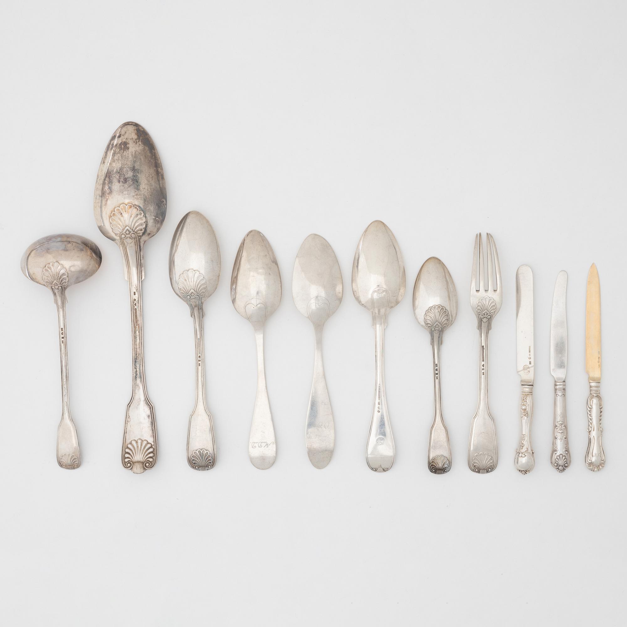 A set of 19 silver cutlery parts, including Gustaf Möllenborg, Stockholm 1888.