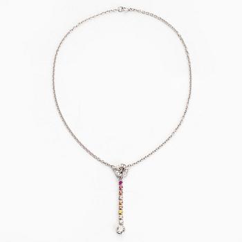 An 18K white gold necklace, set with brilliant-cut diamonds, a ruby, and sapphires. Kultaseppä Kulmala, Helsinki.
