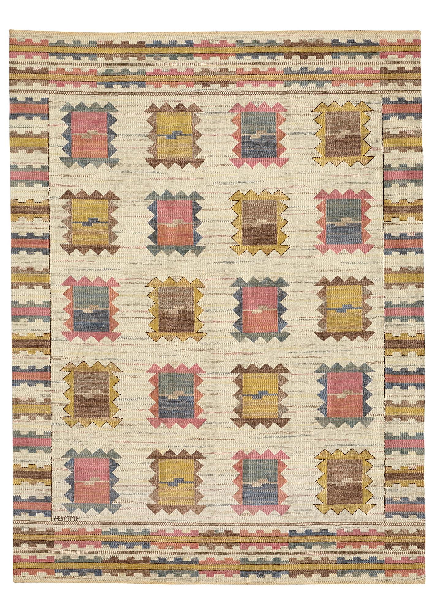 Märta Måås-Fjetterström, matto, "Ljusa plador", flat weave, ca 265,5-267 x 197,5-199 cm, signed AB MMF.