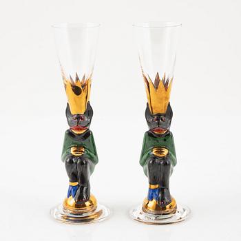Snappsglas, 2 st, grön djävul, Gunnar Cyrén, Nobelservisen, Orrefors.