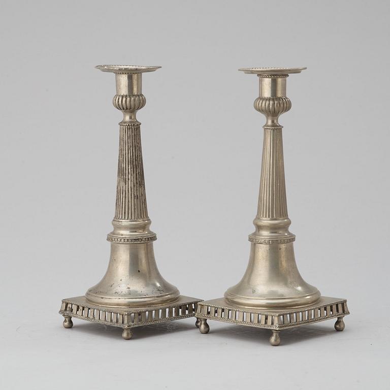 A pair of late Gustavian pewter candlesticks by P Gillman, Stockholm 1794/98.