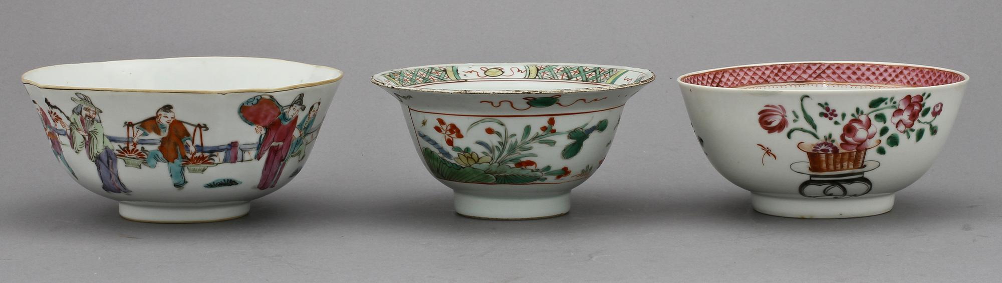 SKÅLAR, 3 st, porslin, Kina, 1700/1800-tal.