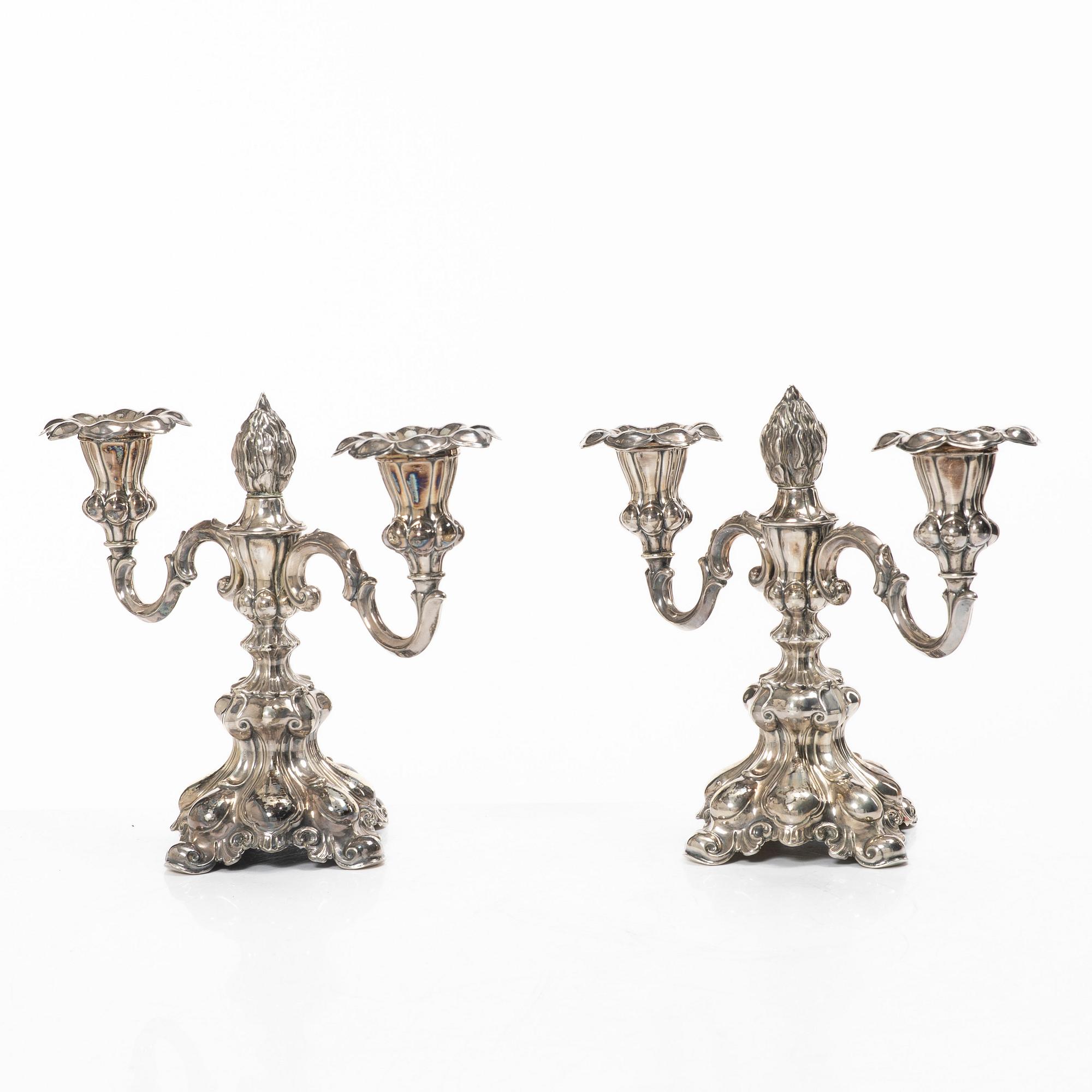 A pair of Baroque style silver candelabras, C.G.Hallberg, Stockholm, Sweden, 1945.