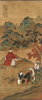 1543. RULLMÅLNING med KALLIGRAFI, sen Qing dynastin (1644-1912). Figurer och hästar i landskap.