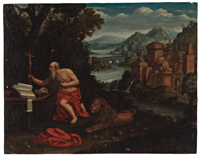 Adriaen van Stalbemt Attributed to, Landscape with St. Jerome.