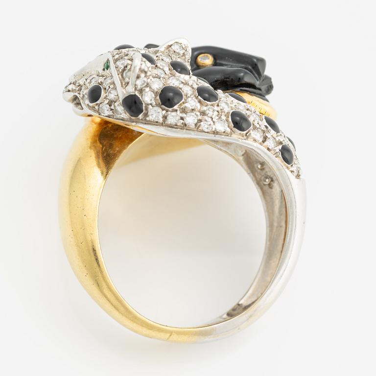 Ring, crossover ring with panthers, gold, enamel, onyx, and brilliant-cut diamonds, likely Italy.