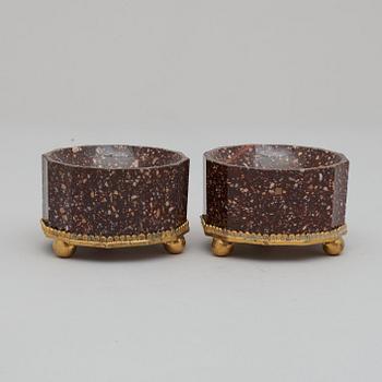 A pair of Swedish 19th century porphyry and gilt bronze salts.