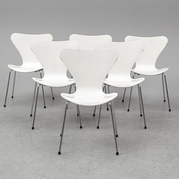 ARNE JACOBSEN, a set of six Sjuan chairs, Fritz Hansen, Denmark 1992.