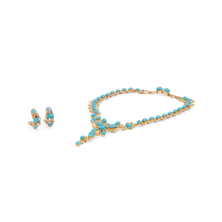 CHRISTIAN DIOR, a decorative turquoise and stones necklace set in gold colored metal.