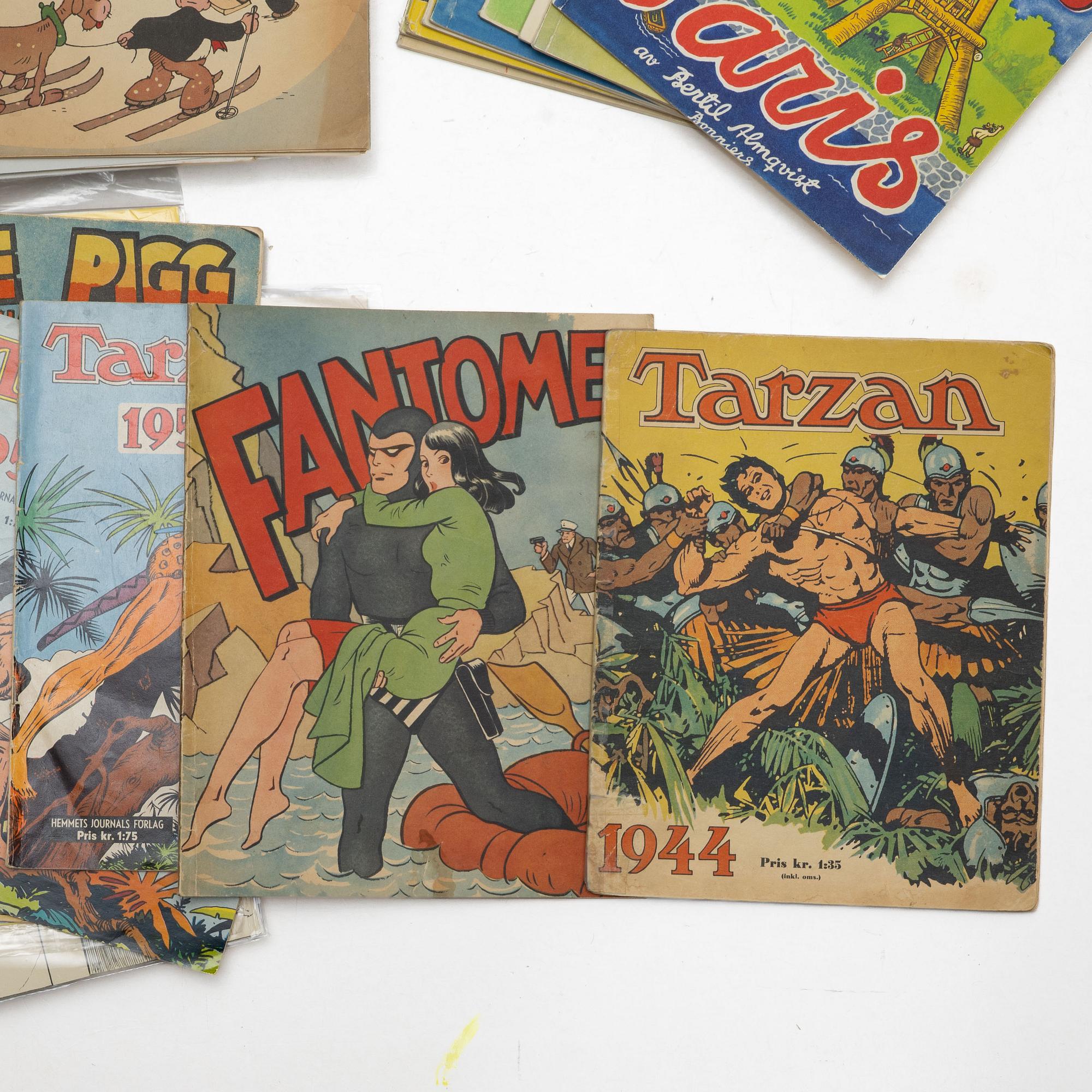 Comic books, a collection, including "Barna Hedenhös", "Fantomen", "Musse Pigg tidningen" & "91:an Karlsson".
