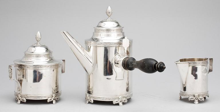 KAFFESERVIS, 3 delar, silver, L Dahlberg, Stockholm 1898. Totalvikt ca 1715 g.