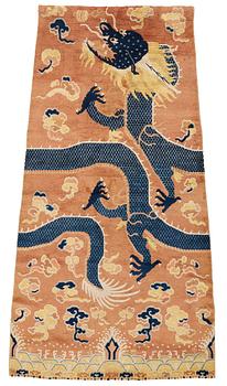 223. A PILLAR CARPET, an antique Ningxia figural, China late Qing, ca 304 x 130-170 cm.