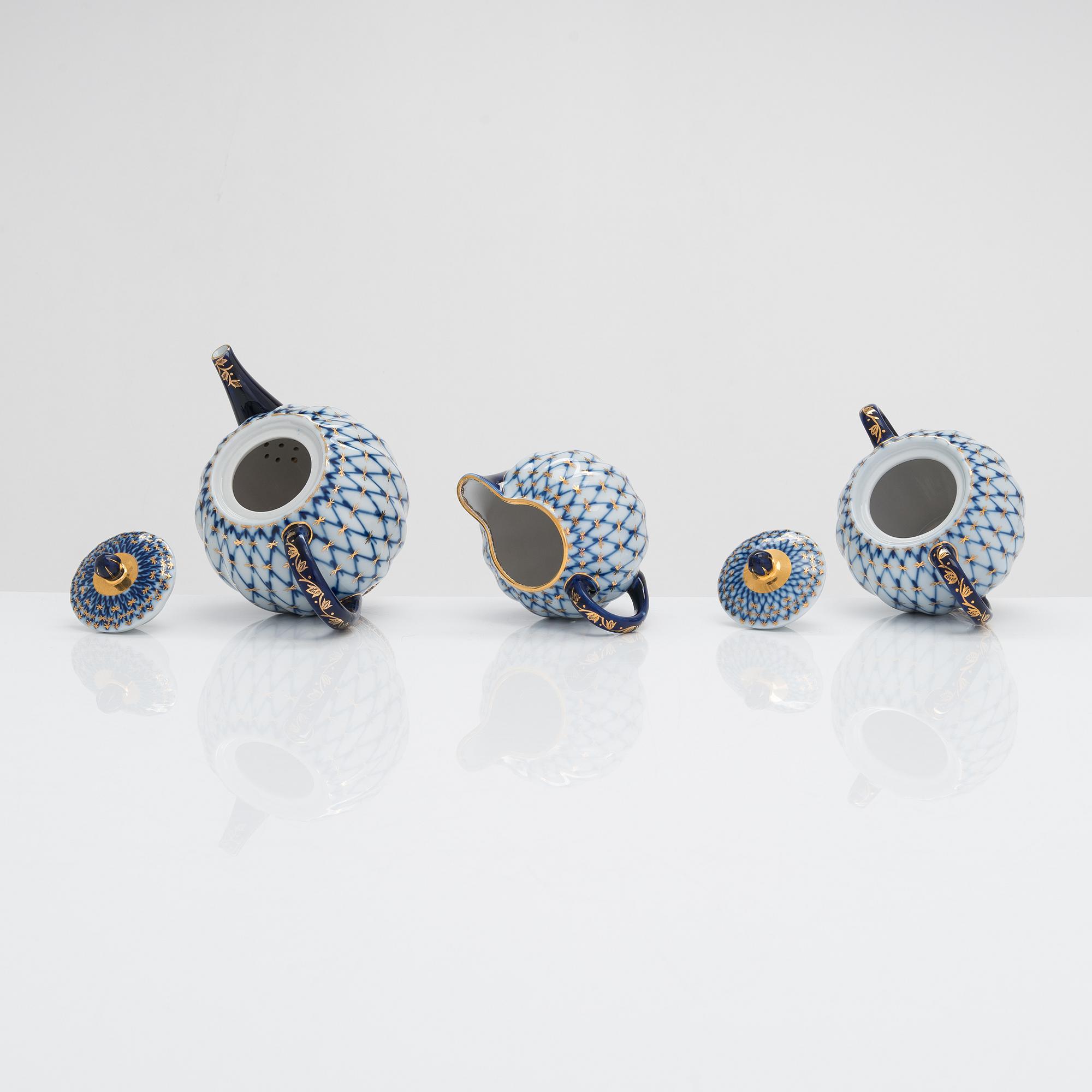 Teservis, 9 dlr, porslin, "Cobalt net", Lomonosov, Sovjetunionen.