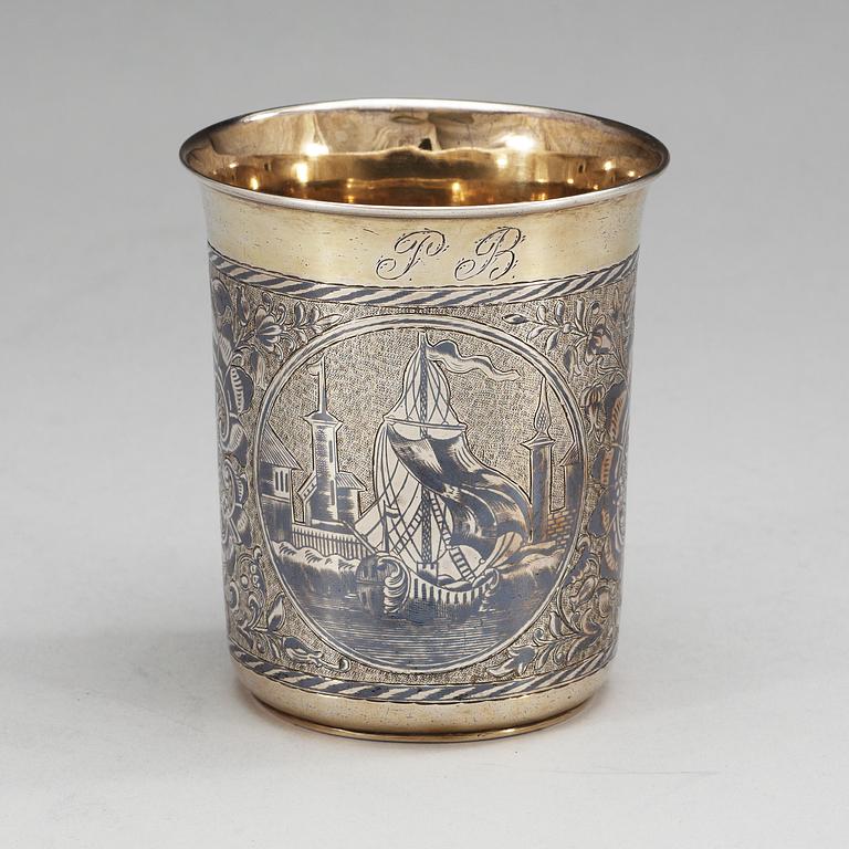 A Russian 19th century silver-gilt and niello beaker, unknown makers mark, Moscow 1839.