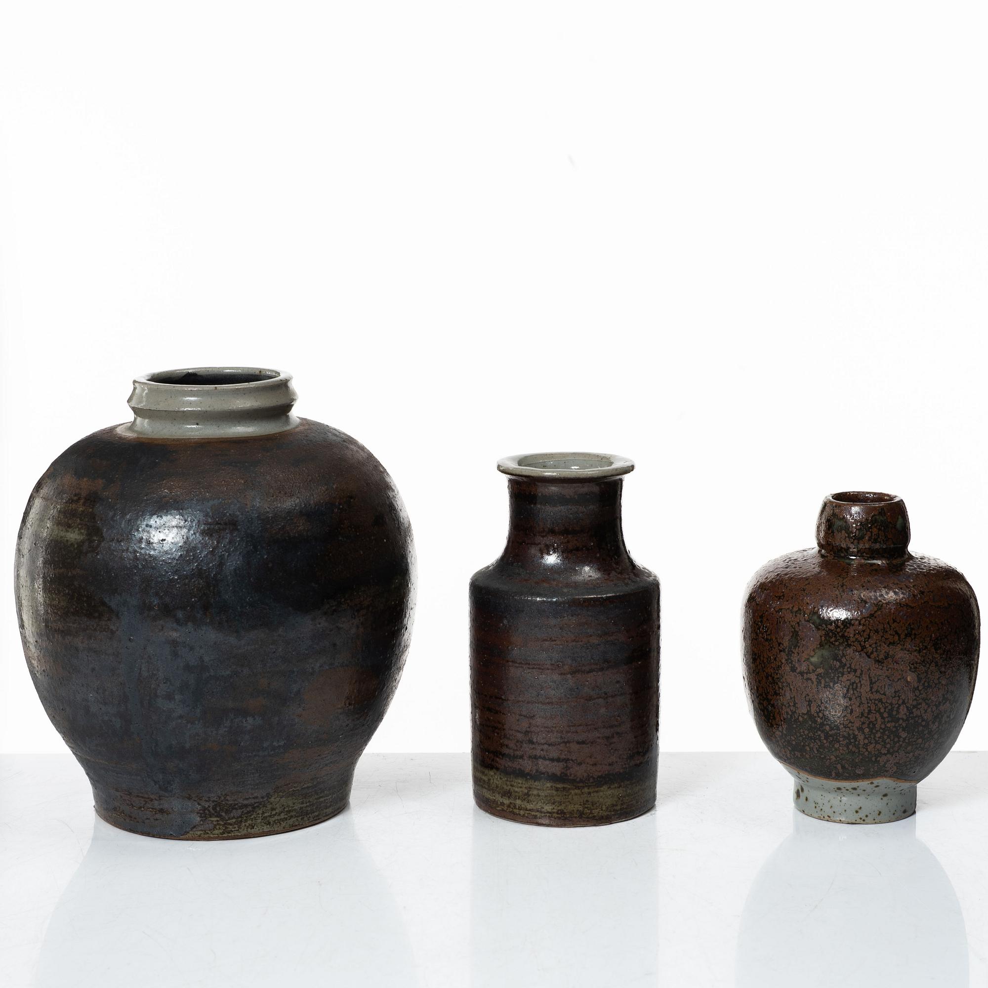 Carl-Harry Stålhane, three unique stoneware vases, Designhuset, Lidköping.