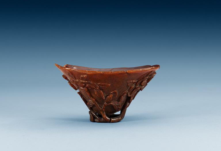 A rhinoceros horn libation cup, Qing dynasty, Kangxi (1662-1722).