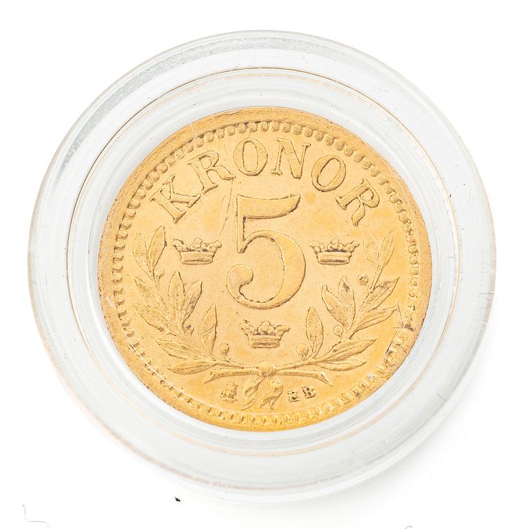Guldmynt, Sverige, Oskar II, 5 kronor, 1882.