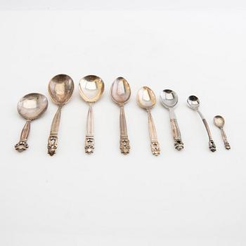 Johan Rohde, serveringsskedar 13 st "Konge/Achorn" sterlingsilver för Georg Jensen efter 1945.