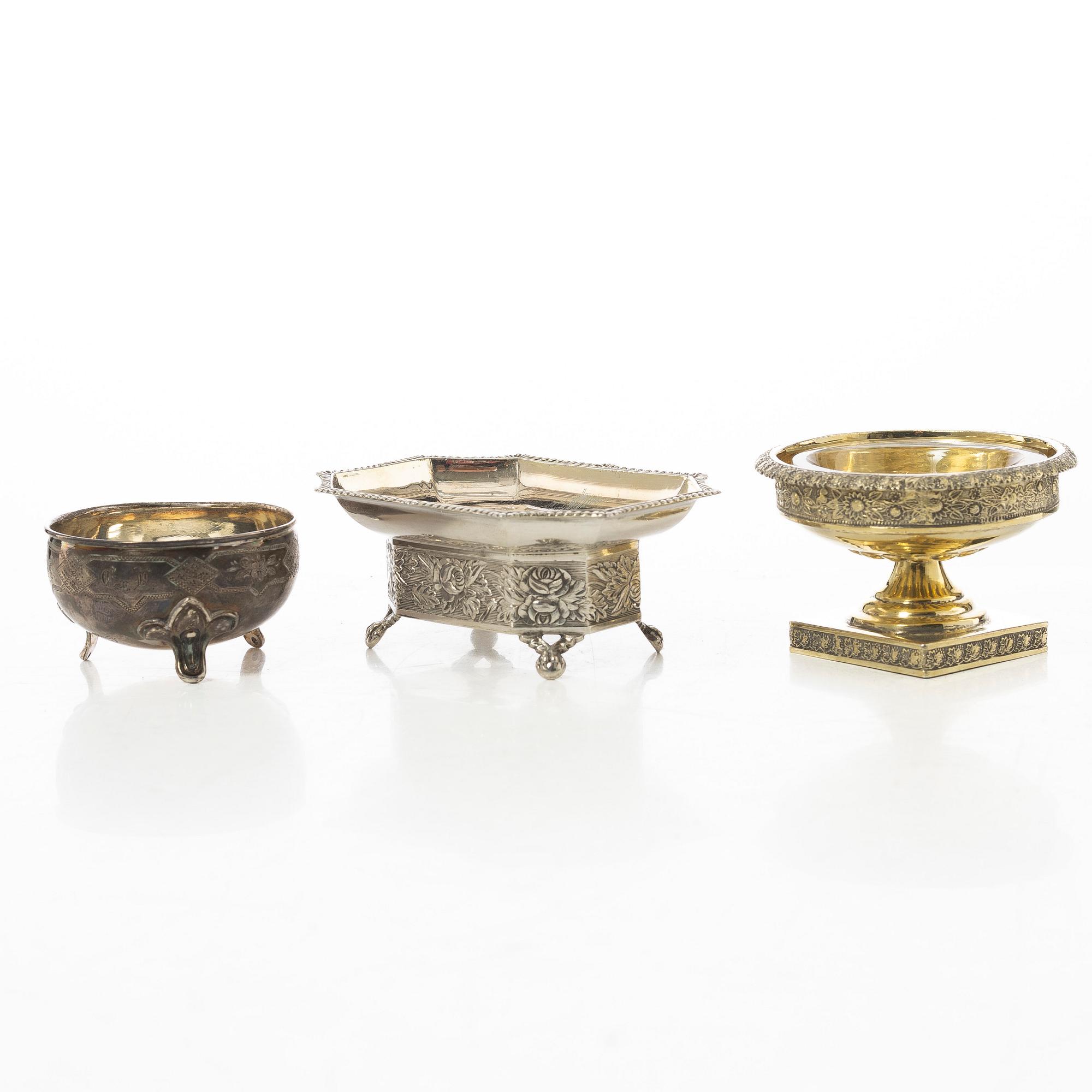 Three Russian silver salt cellars, 19th century.
